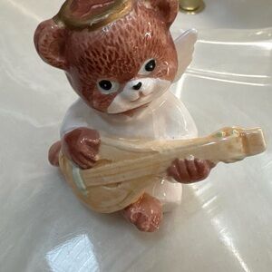 Vintage unique Ceramic angel Bear Figurine Playing Guitar - Brown and Cream